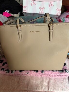 Michael Kors Taupe Saffiano Leather Tote with Gold Hardware